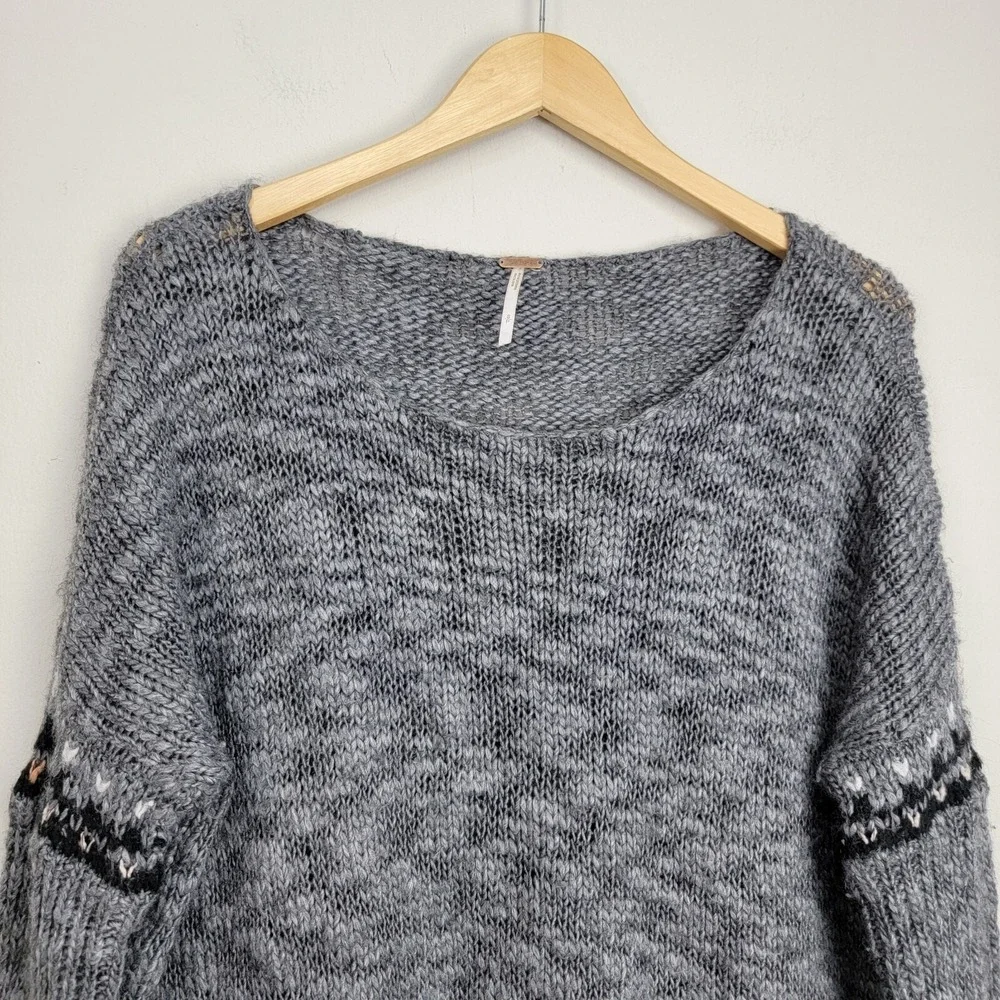 Free People Gray Sweater Womens Size S Wool Blend 3/4 Sleeve Oversized Boxy READ